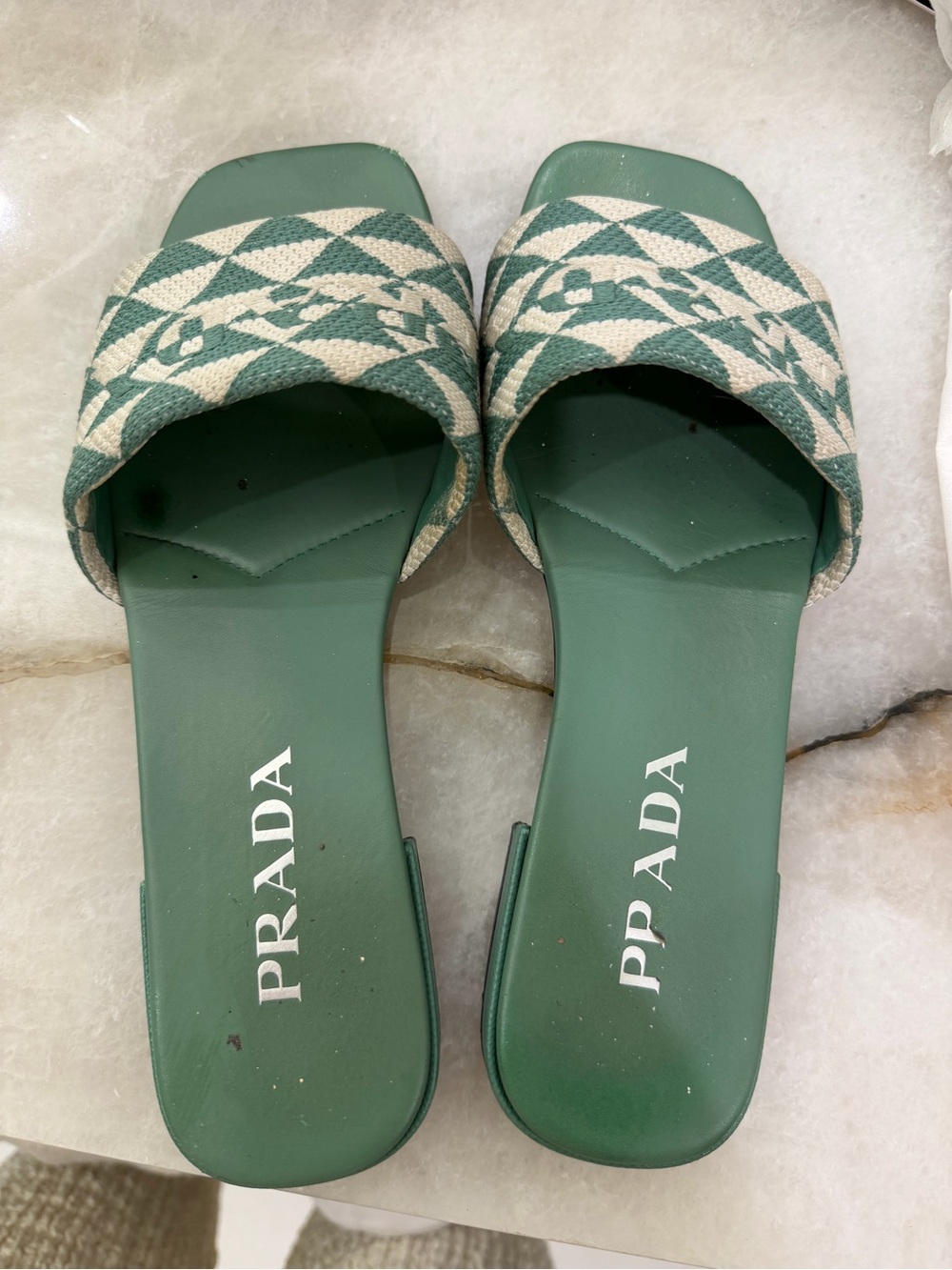 Prada Teal and White Geometric Slide Mules - Picture 3 of 7